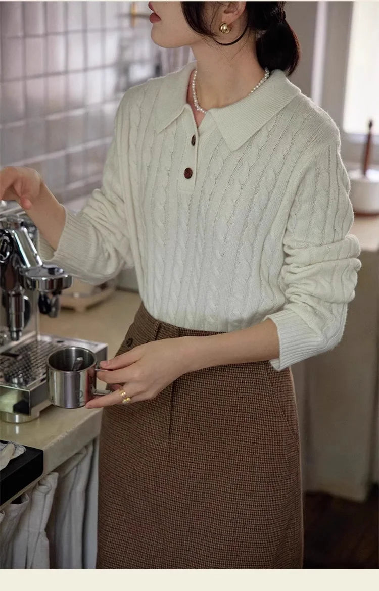 100% suéter de lana pura para mujer 2025 Otoño/Invierno nuevo jersey con cuello POLO moda coreana solapa suave Top de Cachemira de punto para mujer