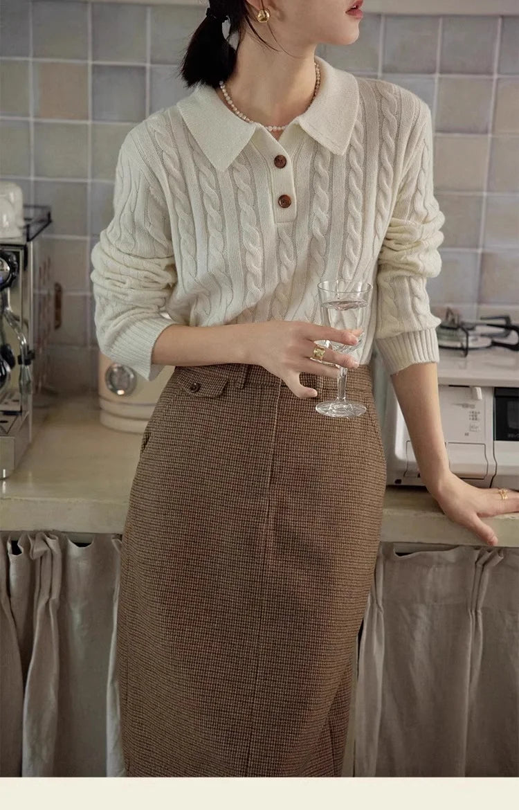 100% suéter de lana pura para mujer 2025 Otoño/Invierno nuevo jersey con cuello POLO moda coreana solapa suave Top de Cachemira de punto para mujer