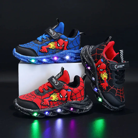 Zapatillas de deporte informales LED de Disney, zapatos antideslizantes iluminados para niños, color rojo y negro, para primavera, Spiderman, para exteriores, talla 21-30