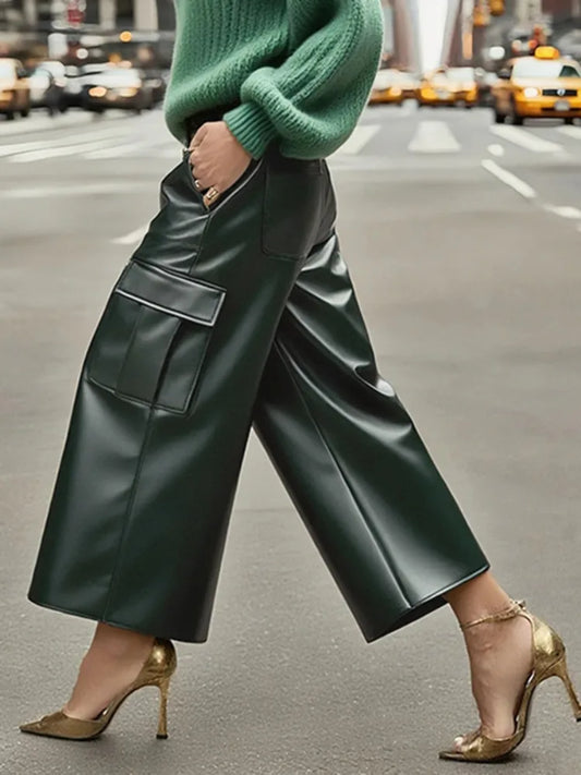 UOOZEE, pantalones de pierna recta de cintura alta con bolsillos de cuero PU para mujer, pantalones casuales de moda de Color sólido a la moda