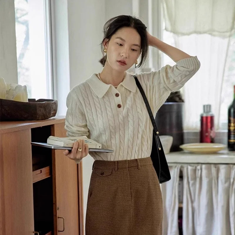 100% suéter de lana pura para mujer 2025 Otoño/Invierno nuevo jersey con cuello POLO moda coreana solapa suave Top de Cachemira de punto para mujer