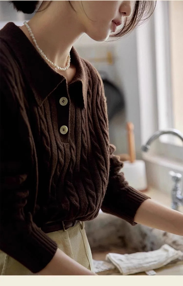 100% suéter de lana pura para mujer 2025 Otoño/Invierno nuevo jersey con cuello POLO moda coreana solapa suave Top de Cachemira de punto para mujer