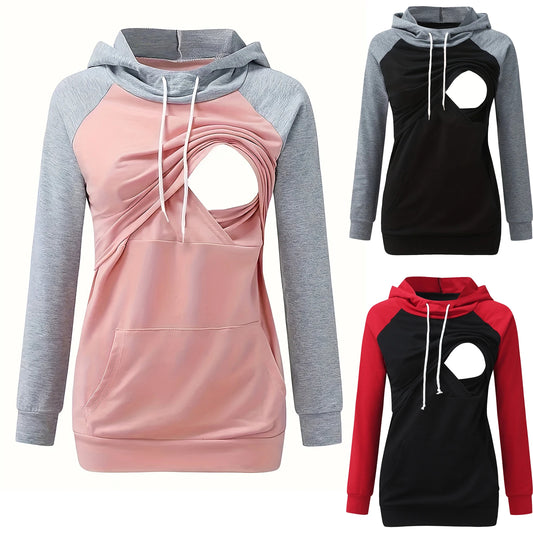 Sudadera con capucha de maternidad para mujer, sudaderas con capucha de manga larga para amamantar, Top de embarazo, ropa con bolsillo de canguro