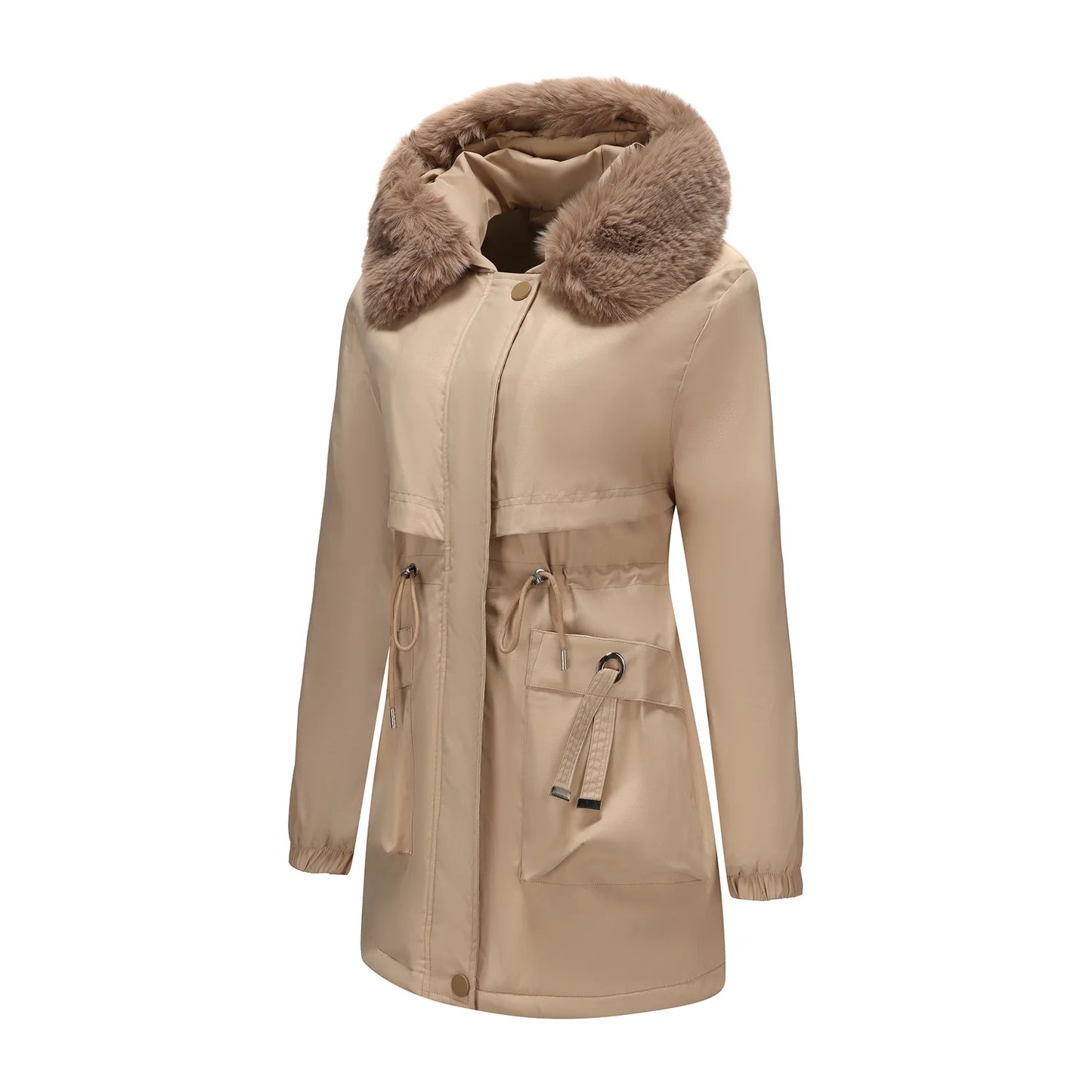 Abrigo de longitud media con capucha marrón oscuro para mujer recién llegado de invierno, chaqueta gruesa elegante y cálida. Parkas caqui, negro, azul y rosa.
