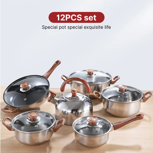 12Pcs Pots and Pans Set with 3L Kettle Nonstick Kitchen Stainless Steel Pans Induction Set with Lids Portable Dishwasher Safe
