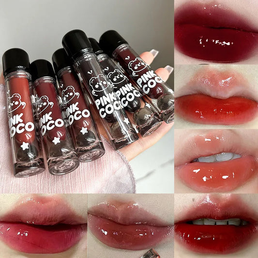 PINKCOCO Bear Doodle Mirror Lip Glaze - Brillo de labios brillante de larga duración, lápiz labial desnudo que brilla la piel, apto para estudiantes