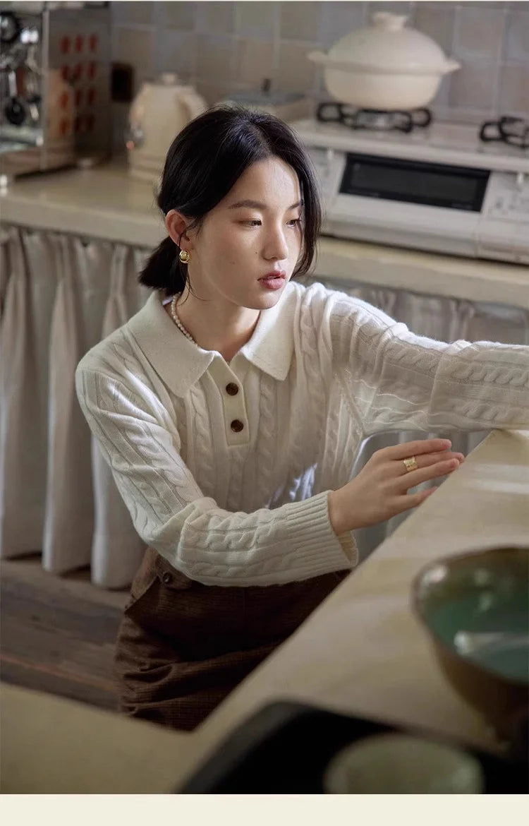 100% suéter de lana pura para mujer 2025 Otoño/Invierno nuevo jersey con cuello POLO moda coreana solapa suave Top de Cachemira de punto para mujer
