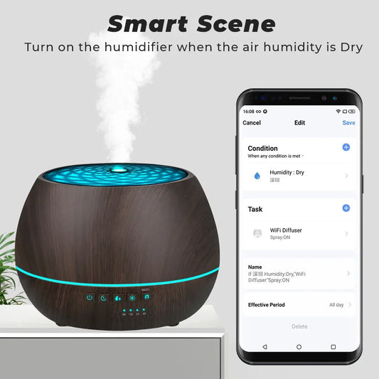 Humidificador WiFi inteligente Tuya, difusor de aceites esenciales de aromaterapia, 500mL, luz LED nocturna de 7 colores, funciona con Alexa y Google Home