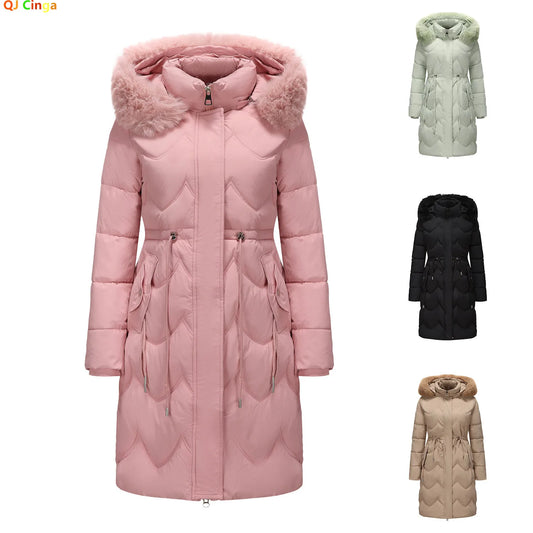 Abrigo largo con capucha estilo viajero rosa para mujer, parkas verde claro, chaqueta térmica negra con abrigo con cordón en la cintura.