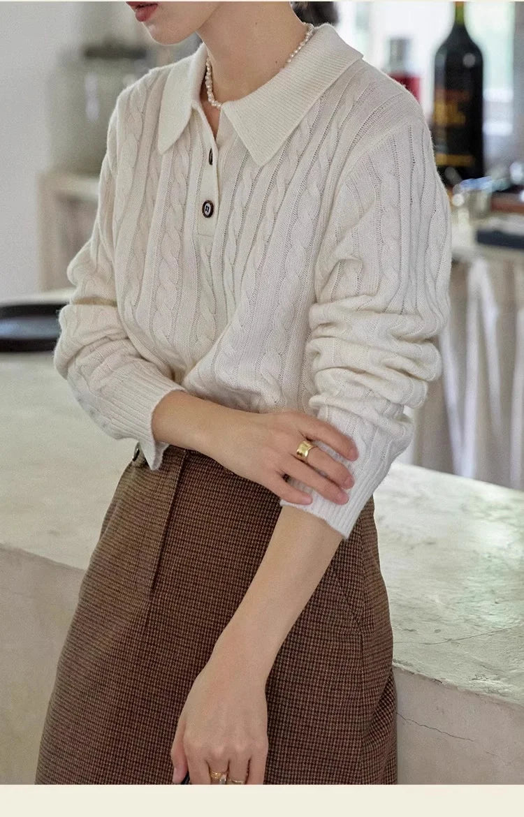 100% suéter de lana pura para mujer 2025 Otoño/Invierno nuevo jersey con cuello POLO moda coreana solapa suave Top de Cachemira de punto para mujer