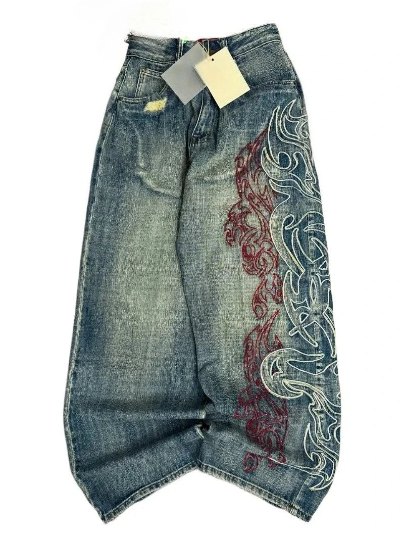 2025 retro doble cintura rebordear bordado jeans y2K hombres mujeres calle alta hip hop moda casual pareja pantalones vaqueros de pierna ancha