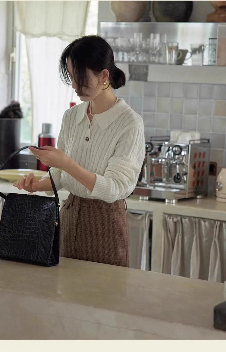 100% suéter de lana pura para mujer 2025 Otoño/Invierno nuevo jersey con cuello POLO moda coreana solapa suave Top de Cachemira de punto para mujer