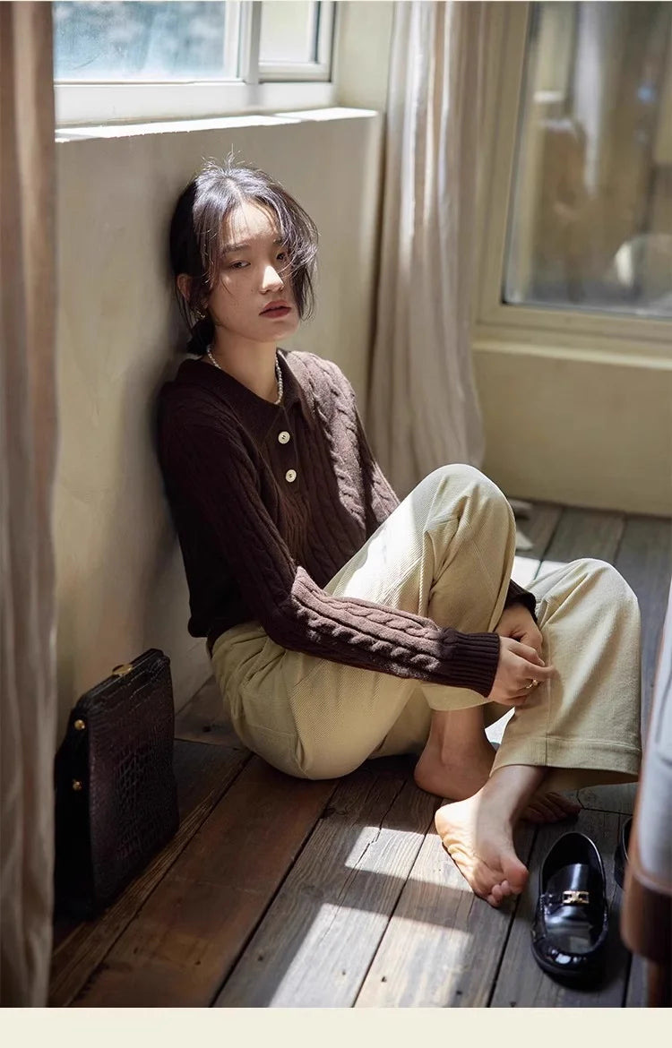 100% suéter de lana pura para mujer 2025 Otoño/Invierno nuevo jersey con cuello POLO moda coreana solapa suave Top de Cachemira de punto para mujer