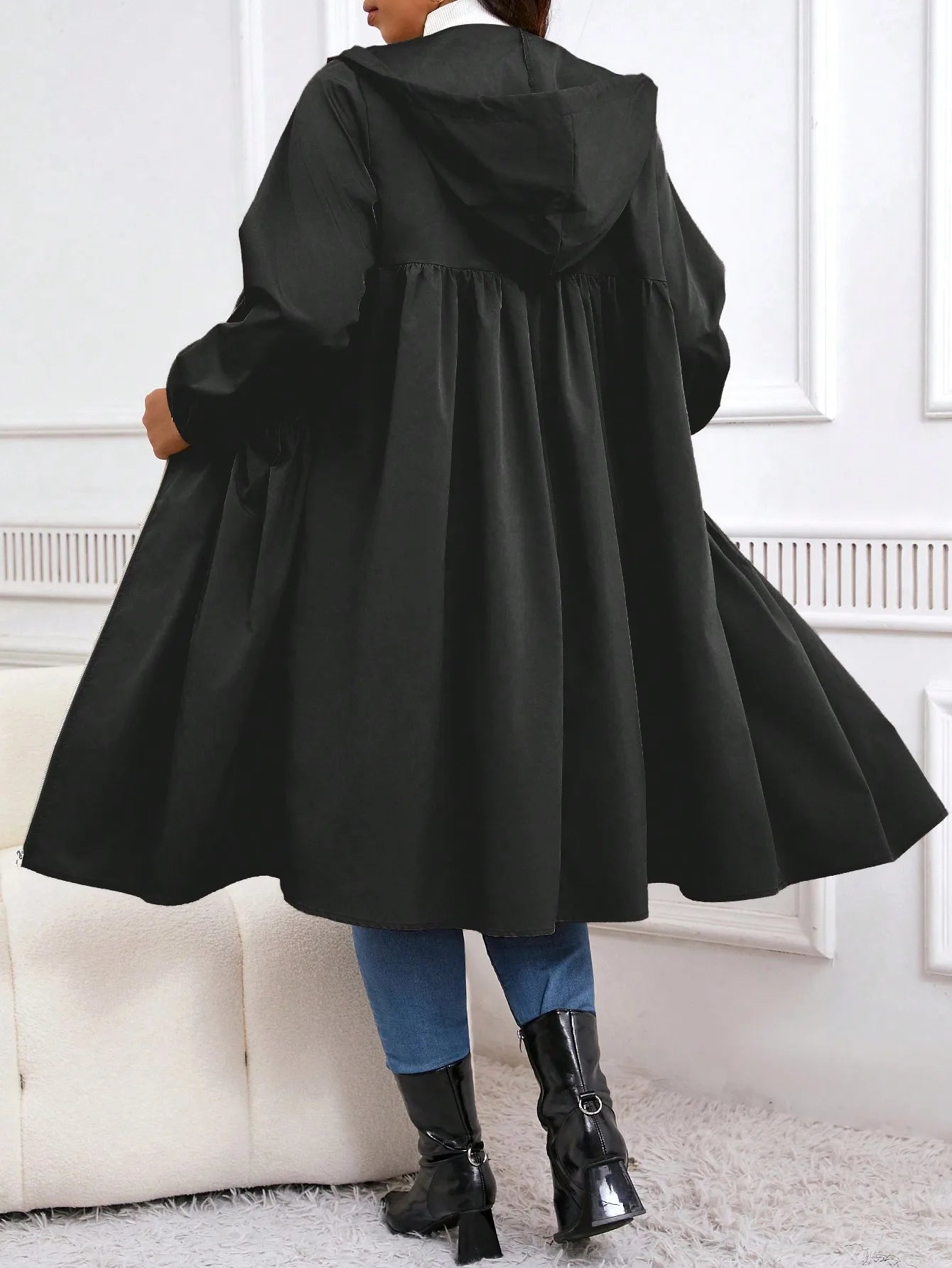 Abrigo con capucha y cremallera con cordón sólido de talla grande, ropa de abrigo informal con bolsillo de manga larga para otoño e invierno, ropa de mujer para uso diario
