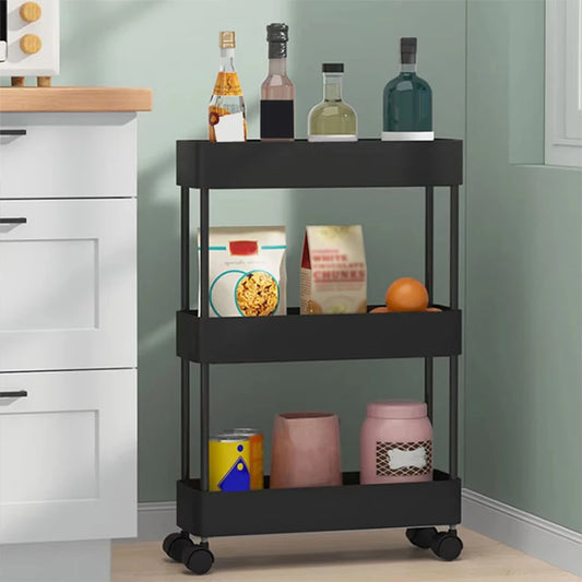 Multi-functional Household 3-story Storage Vehicle, Bathroom Storage Tool, Sliding Mobile Shelf Unit for Office, Kitchen, Laundry, Black