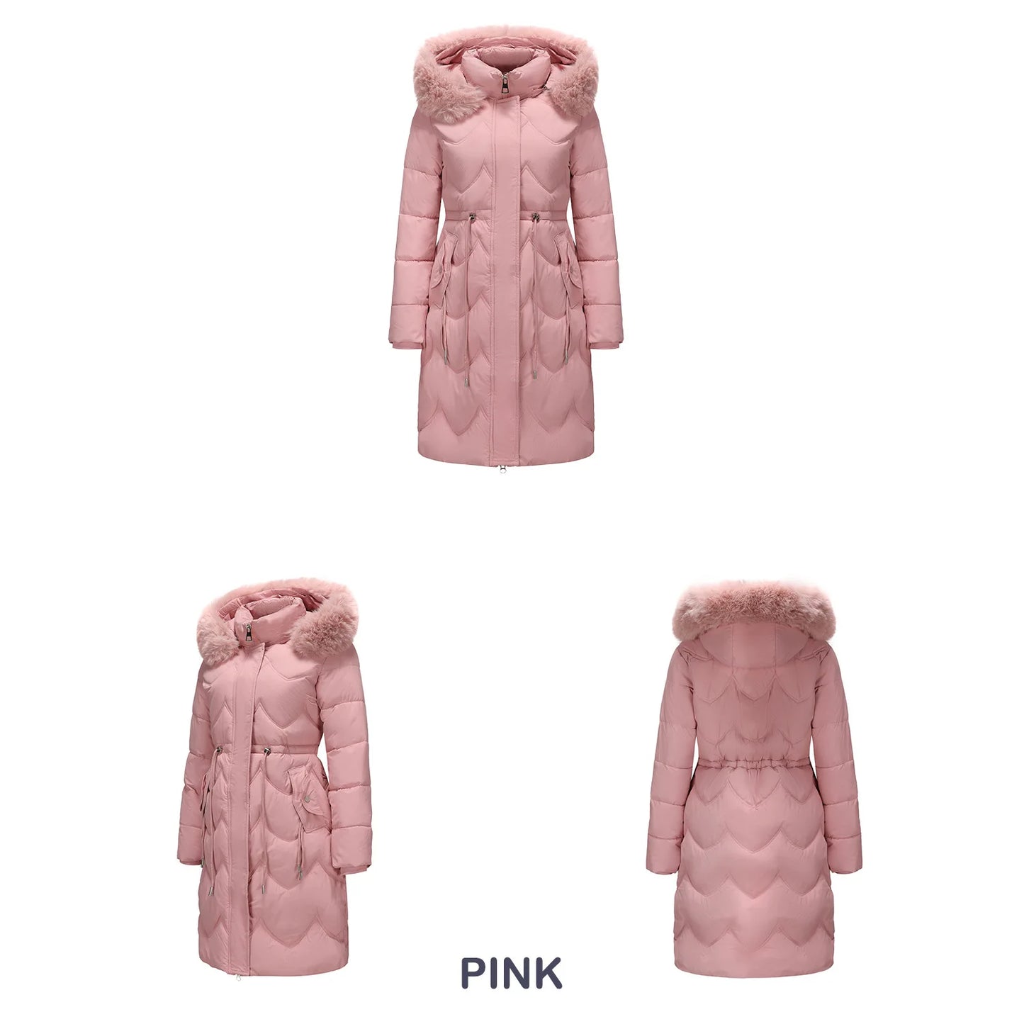 Abrigo largo con capucha estilo viajero rosa para mujer, parkas verde claro, chaqueta térmica negra con abrigo con cordón en la cintura.