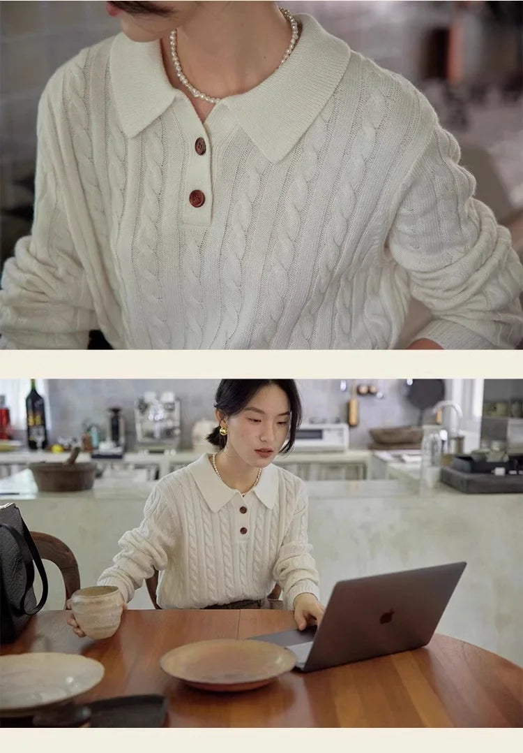 100% suéter de lana pura para mujer 2025 Otoño/Invierno nuevo jersey con cuello POLO moda coreana solapa suave Top de Cachemira de punto para mujer