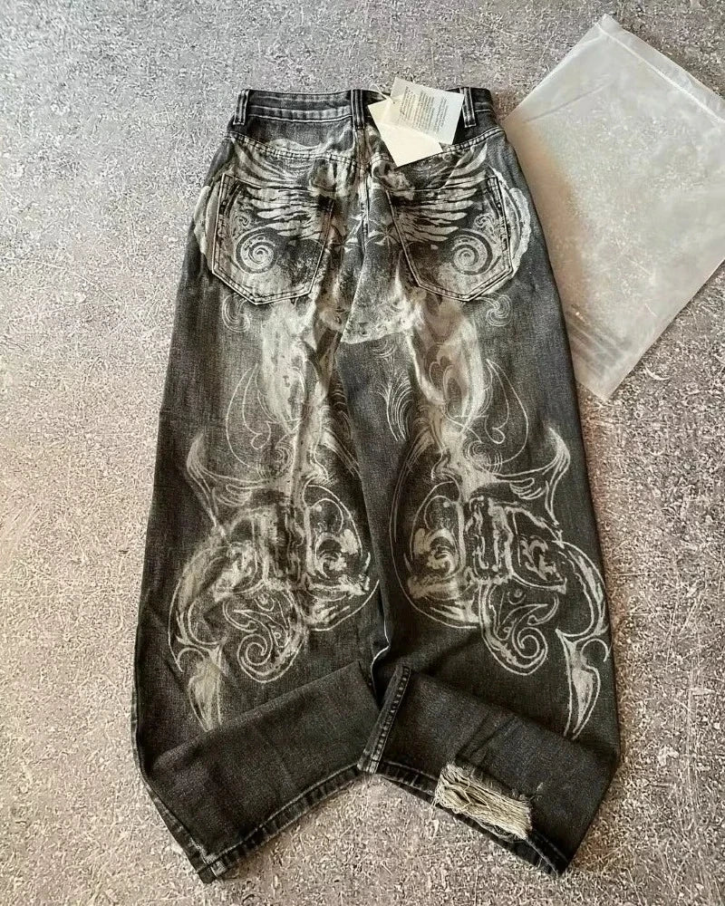 2025 retro doble cintura rebordear bordado jeans y2K hombres mujeres calle alta hip hop moda casual pareja pantalones vaqueros de pierna ancha