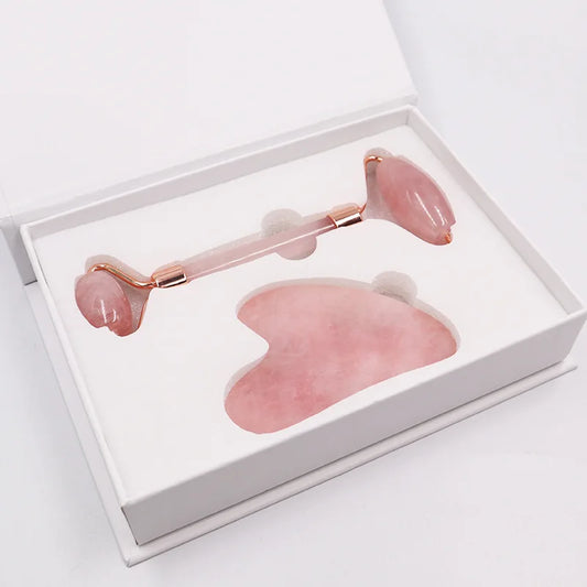 Natural Rose Quartz Jade Roller+Scraping Board Set Facial Massager Jade Stone Roller Gua Sha Face Lifting Massage Tool Skin Care