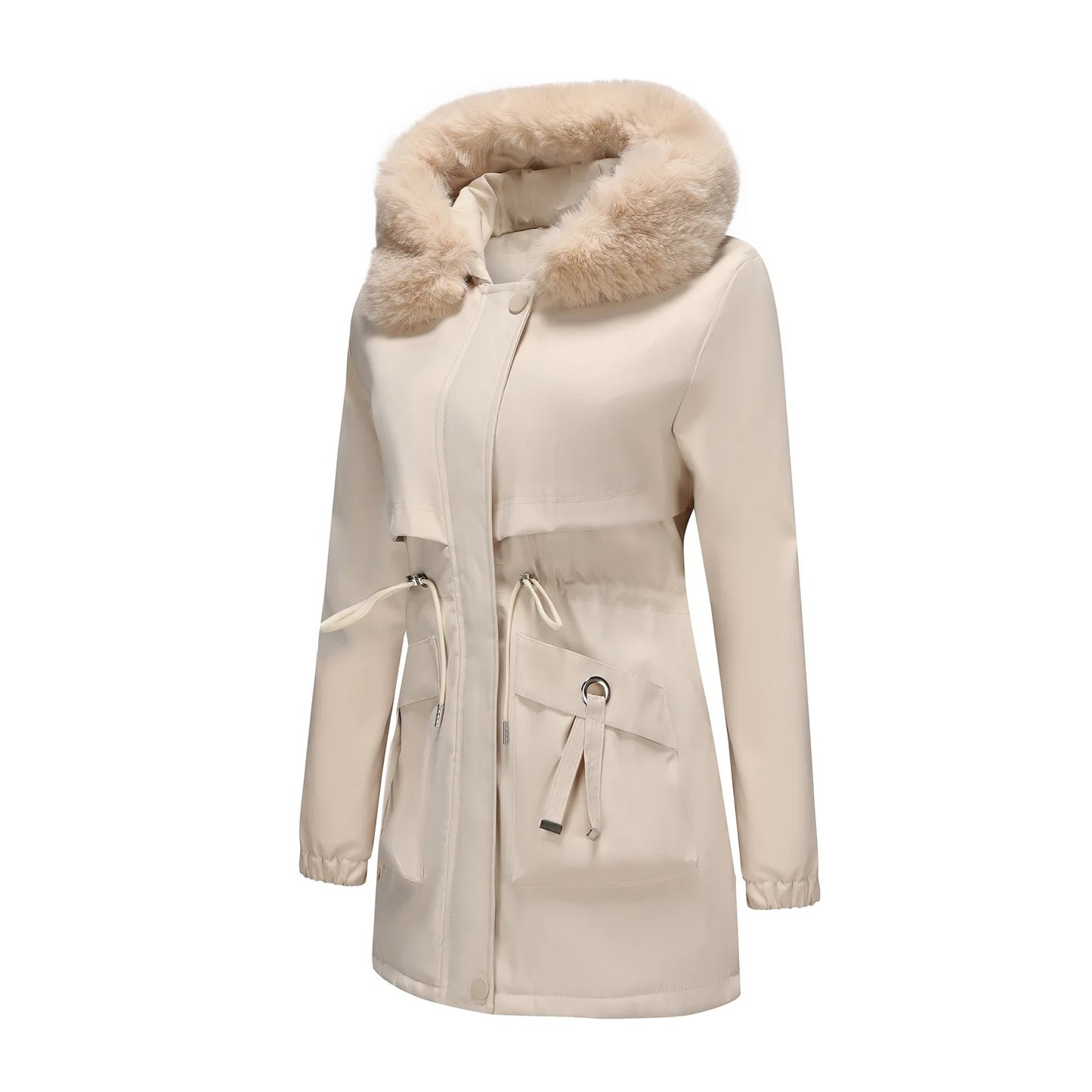 Abrigo de longitud media con capucha marrón oscuro para mujer recién llegado de invierno, chaqueta gruesa elegante y cálida. Parkas caqui, negro, azul y rosa.