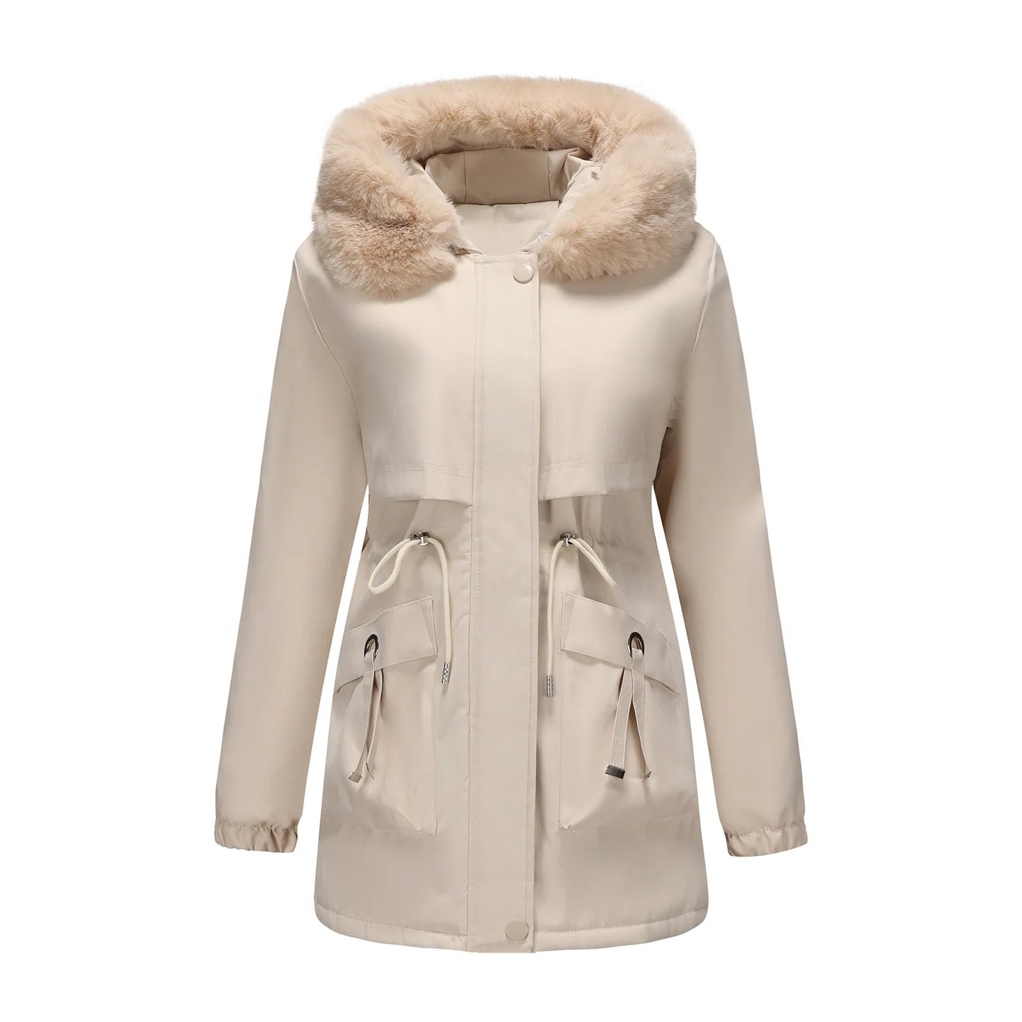 Abrigo de longitud media con capucha marrón oscuro para mujer recién llegado de invierno, chaqueta gruesa elegante y cálida. Parkas caqui, negro, azul y rosa.