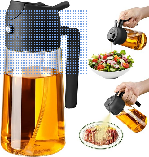 **Pulverizador de Aceite de Oliva para Cocina, 470 ml, Dispensador de Aceite de Vidrio 2 en 1 / Botella para Verter, Accesorios de Cocina, Gadgets de Cocina para Freidora de Aire, Ensaladas, BBQ (Negro)