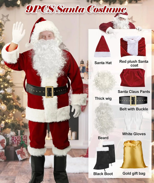 Disfraces de Navidad - Disfraz de Papá Noel para Hombres Mujeres Adultos - 9 piezas. Traje de traje de Papá Noel de lujo
