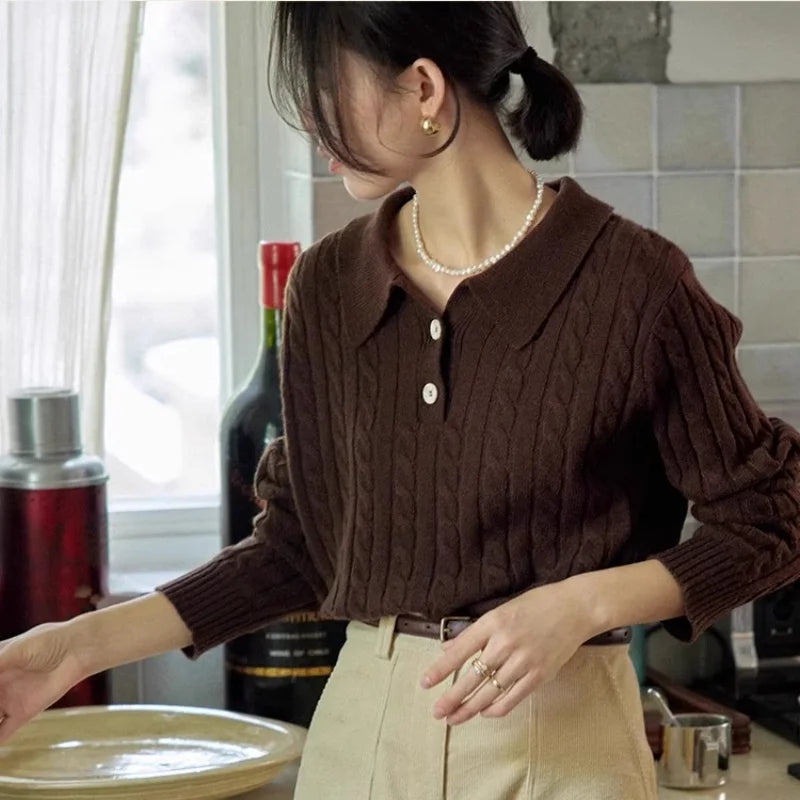 100% suéter de lana pura para mujer 2025 Otoño/Invierno nuevo jersey con cuello POLO moda coreana solapa suave Top de Cachemira de punto para mujer