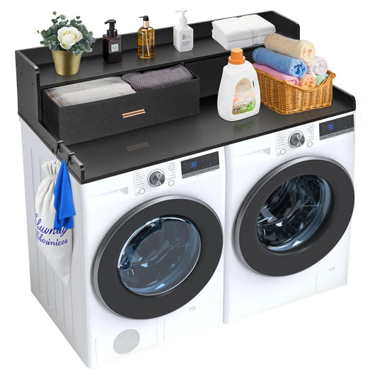 SucceBuy Washer Dryer Countertop w/ Drawer Shelf Wooden Washer and Dryer Countertop Laundry Topper for Laundry Organization