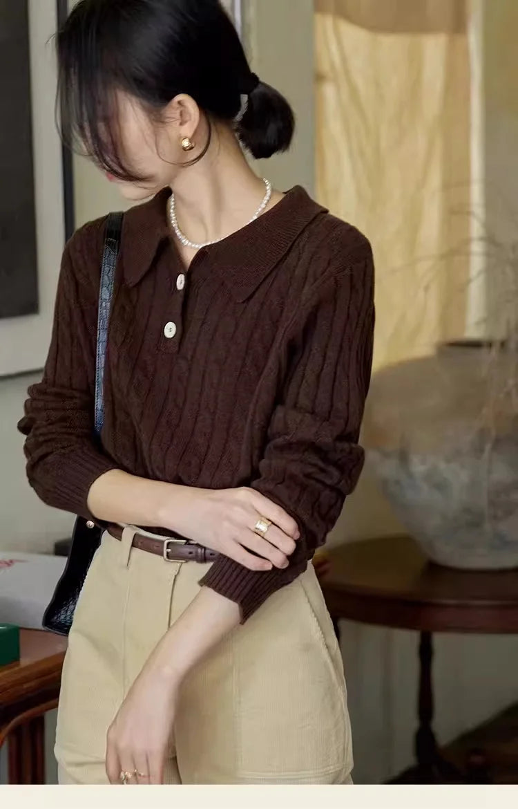 100% suéter de lana pura para mujer 2025 Otoño/Invierno nuevo jersey con cuello POLO moda coreana solapa suave Top de Cachemira de punto para mujer
