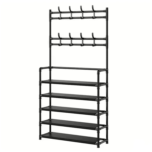 Iruibo 5-Tier Metal Shoe Rack with Coat Rack, Shoe and Clothes Organizer Shelf, Space Saving for Entryway, Bedroom or Hallway