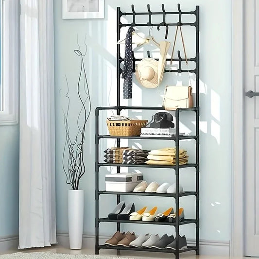 Iruibo 5-Tier Metal Shoe Rack with Coat Rack, Shoe and Clothes Organizer Shelf, Space Saving for Entryway, Bedroom or Hallway