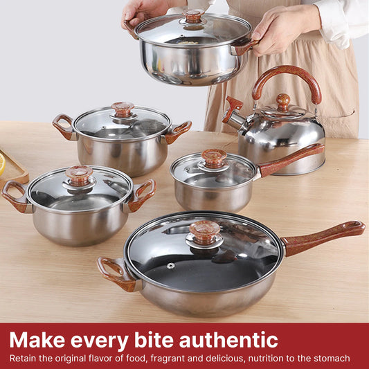 12Pcs Pots and Pans Set with 3L Kettle Nonstick Kitchen Stainless Steel Pans Induction Set with Lids Portable Dishwasher Safe