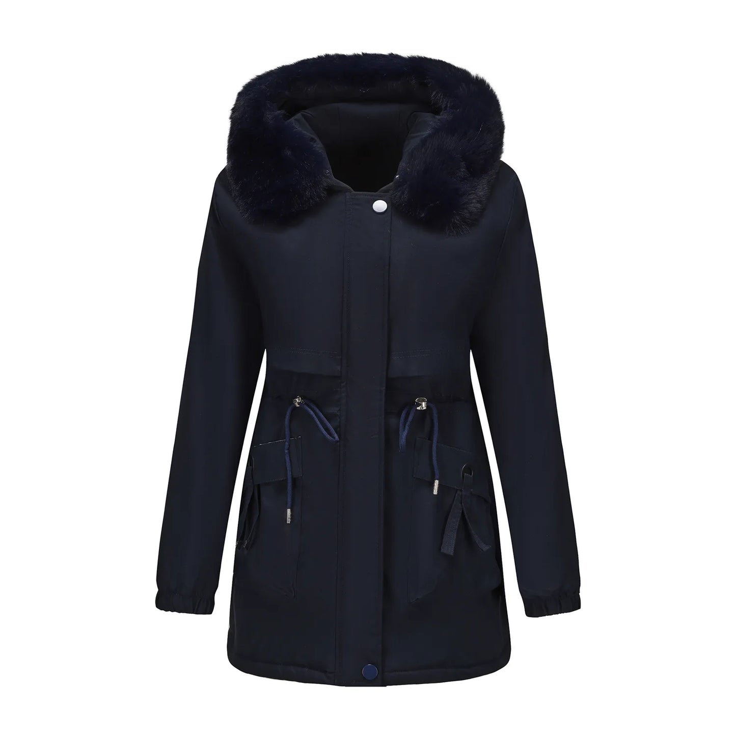 Abrigo de longitud media con capucha marrón oscuro para mujer recién llegado de invierno, chaqueta gruesa elegante y cálida. Parkas caqui, negro, azul y rosa.