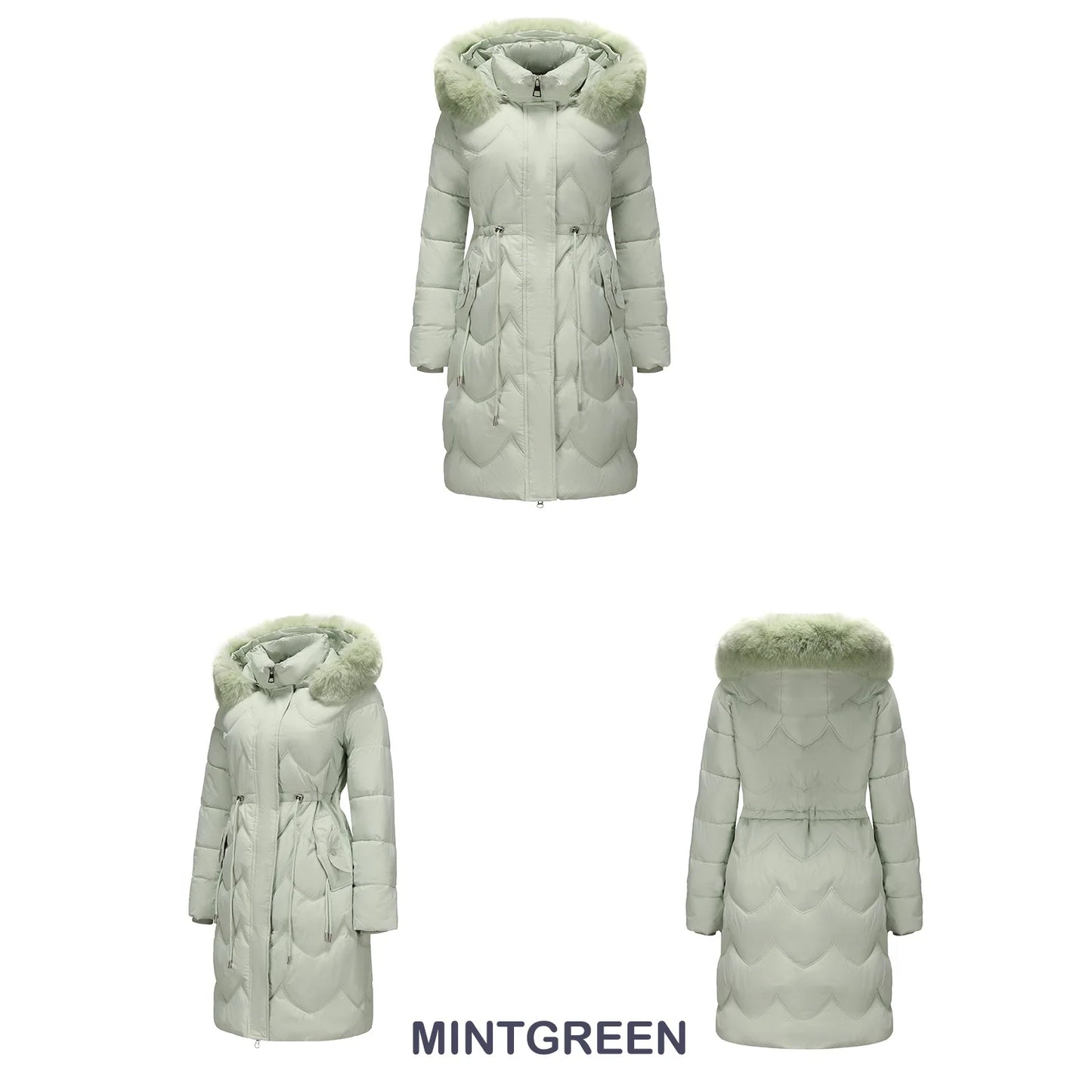 Abrigo largo con capucha estilo viajero rosa para mujer, parkas verde claro, chaqueta térmica negra con abrigo con cordón en la cintura.