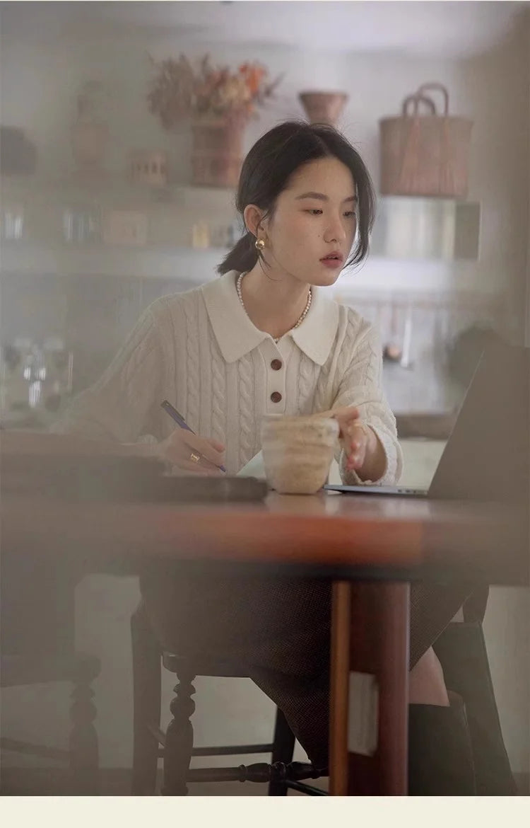 100% suéter de lana pura para mujer 2025 Otoño/Invierno nuevo jersey con cuello POLO moda coreana solapa suave Top de Cachemira de punto para mujer