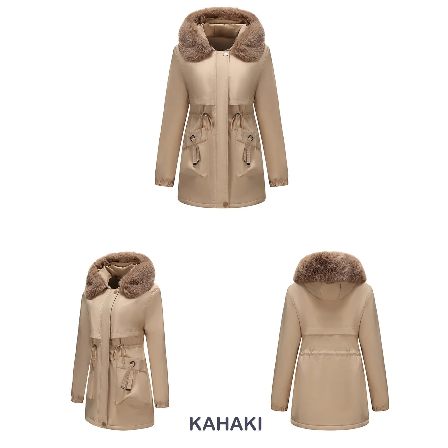 Abrigo de longitud media con capucha marrón oscuro para mujer recién llegado de invierno, chaqueta gruesa elegante y cálida. Parkas caqui, negro, azul y rosa.