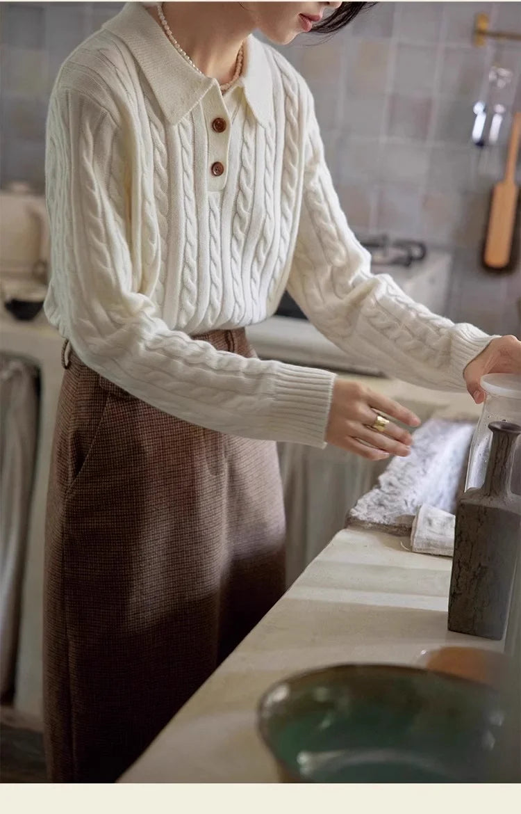100% suéter de lana pura para mujer 2025 Otoño/Invierno nuevo jersey con cuello POLO moda coreana solapa suave Top de Cachemira de punto para mujer