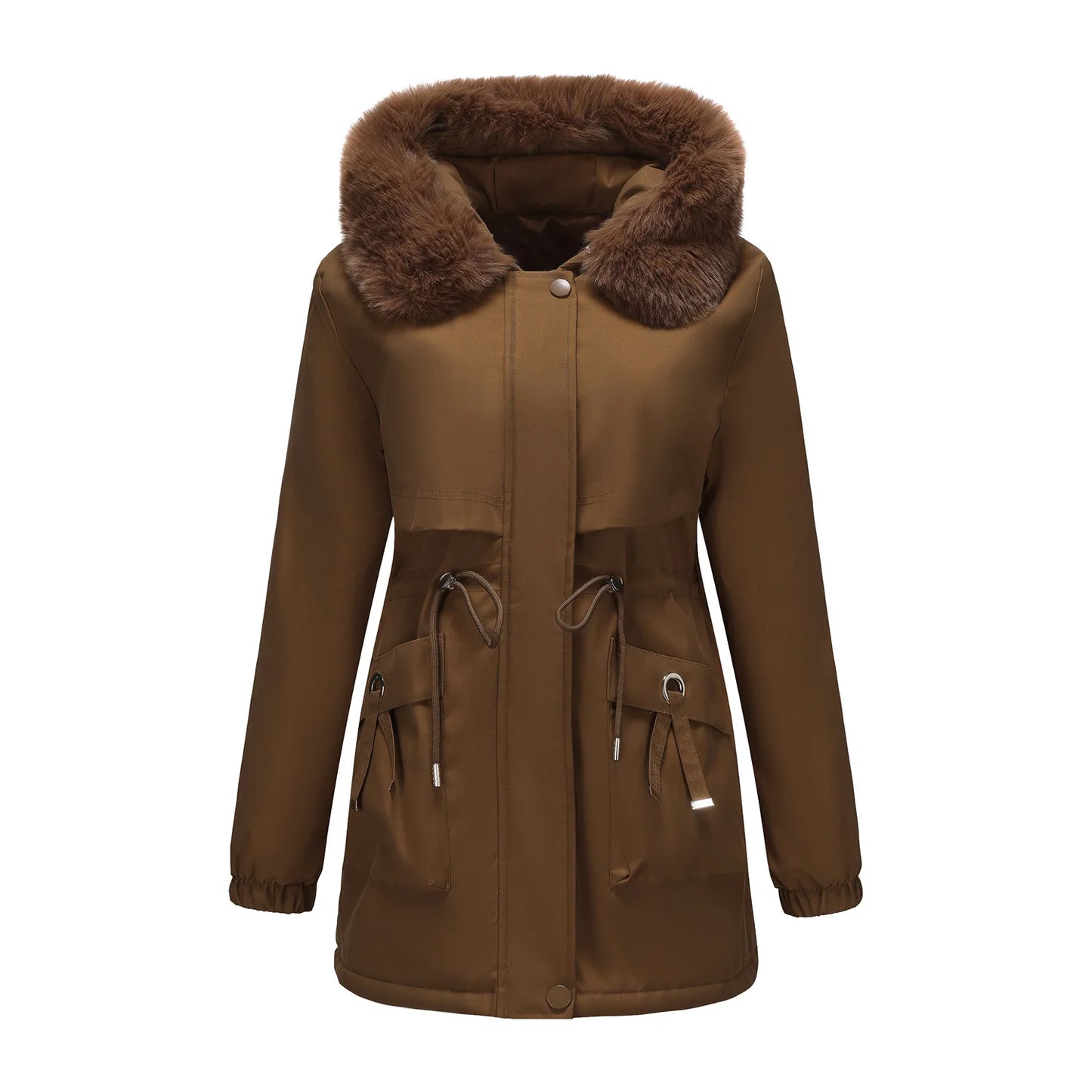 Abrigo de longitud media con capucha marrón oscuro para mujer recién llegado de invierno, chaqueta gruesa elegante y cálida. Parkas caqui, negro, azul y rosa.
