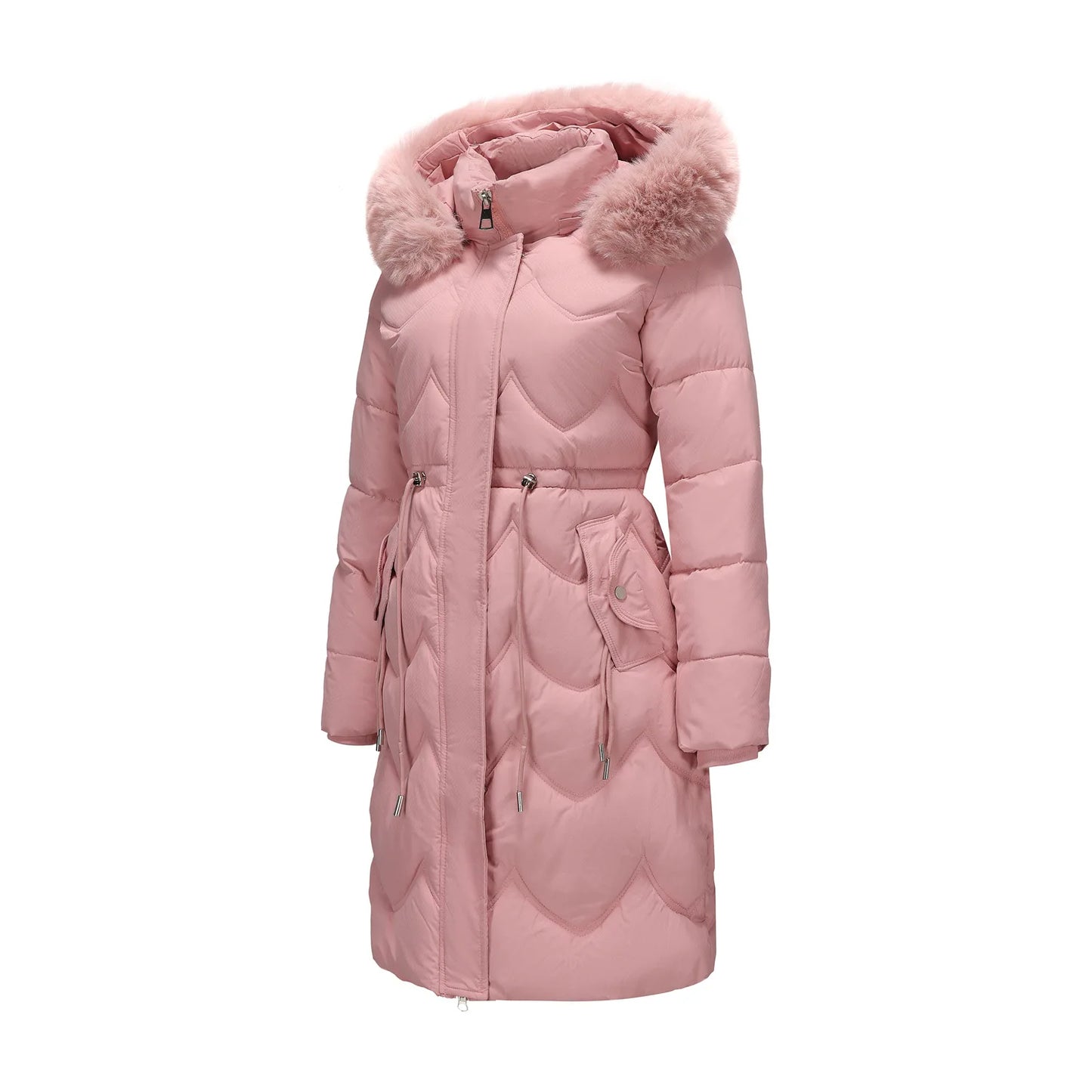 Abrigo largo con capucha estilo viajero rosa para mujer, parkas verde claro, chaqueta térmica negra con abrigo con cordón en la cintura.