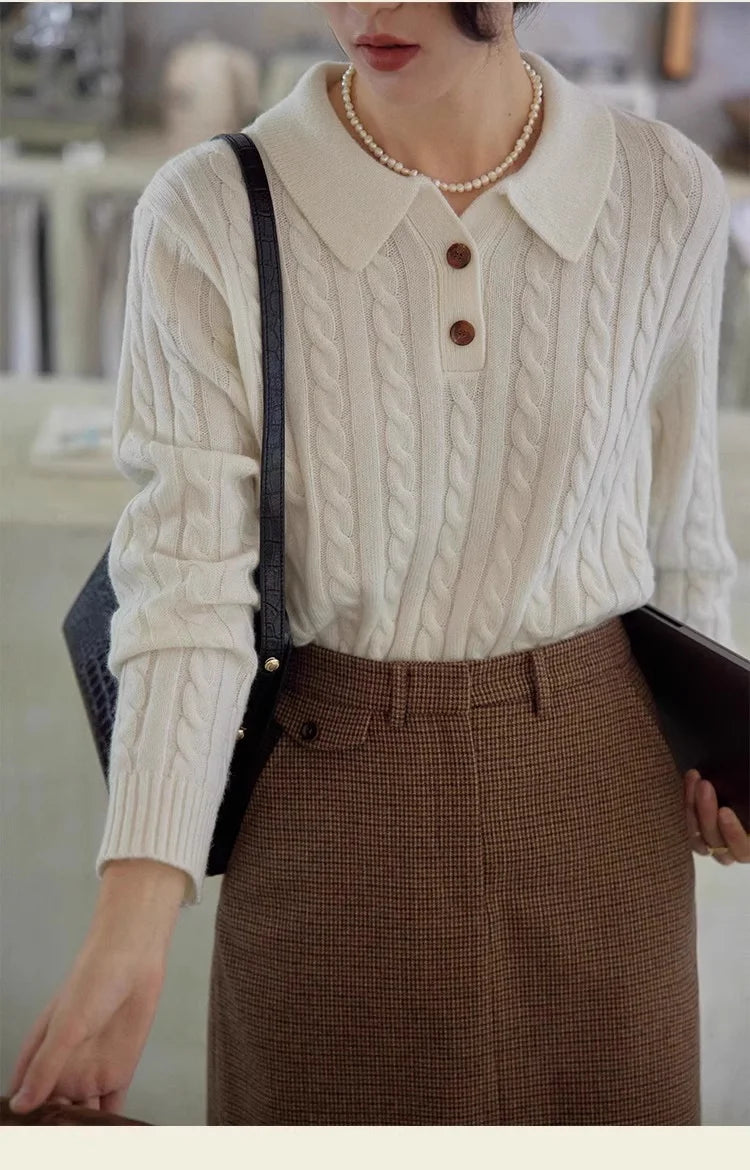 100% suéter de lana pura para mujer 2025 Otoño/Invierno nuevo jersey con cuello POLO moda coreana solapa suave Top de Cachemira de punto para mujer