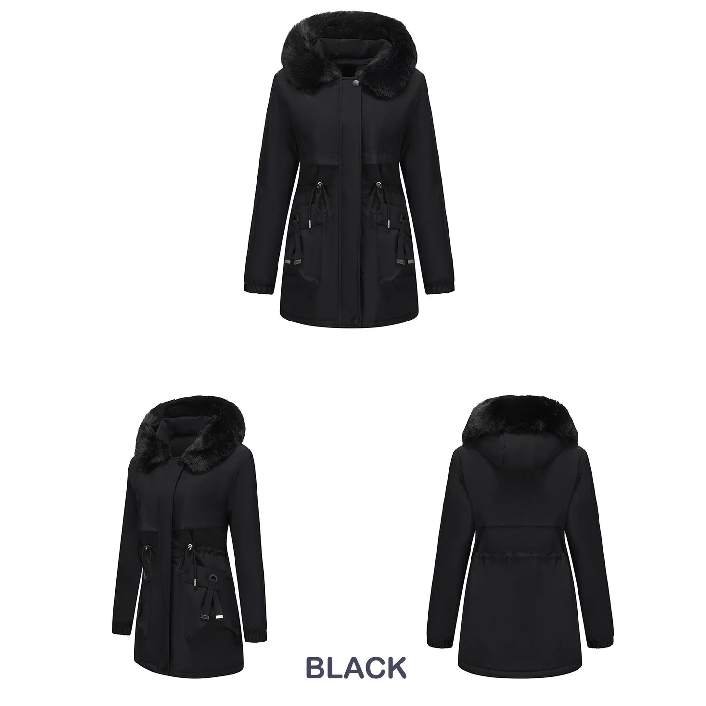 Abrigo de longitud media con capucha marrón oscuro para mujer recién llegado de invierno, chaqueta gruesa elegante y cálida. Parkas caqui, negro, azul y rosa.